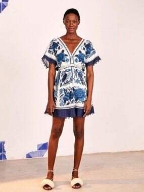 FARM Rio Tropical Tiles Mini Dress Linen Blue White Kimono Resort Size XS
